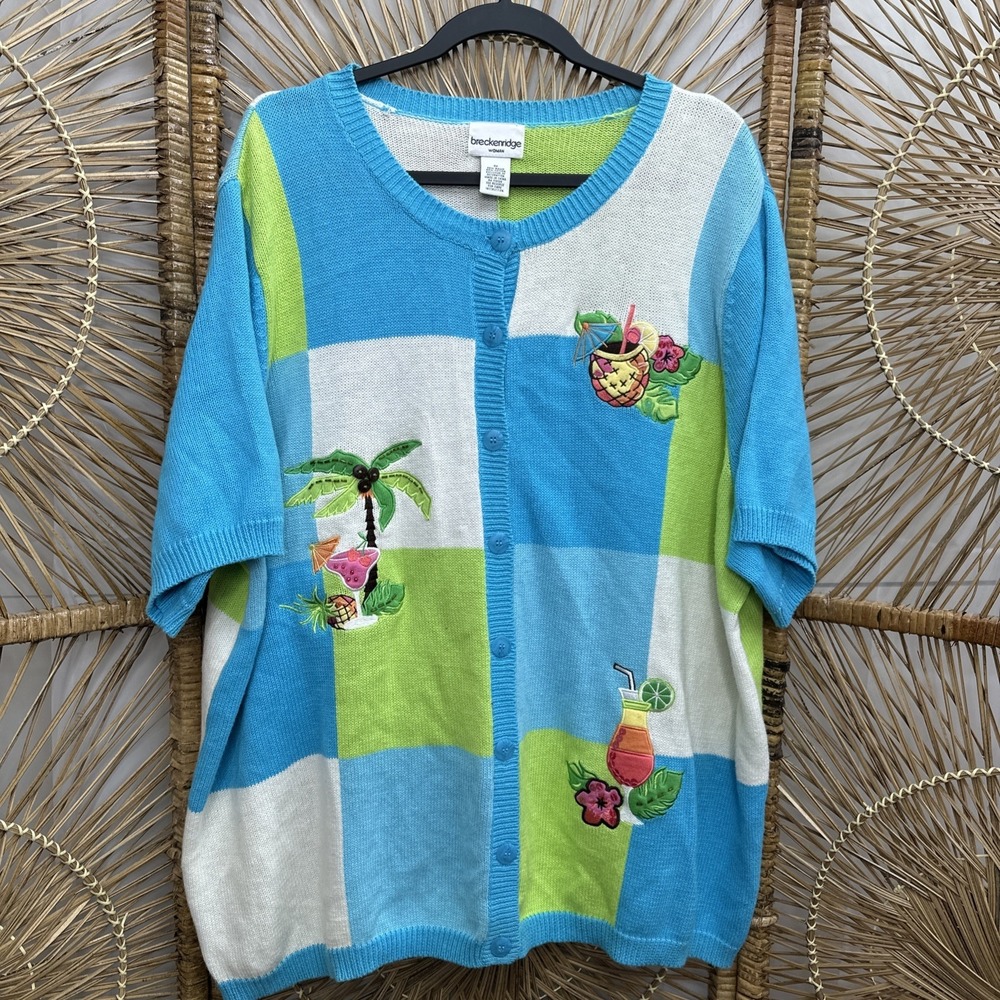 Breckenridge Woman 3x Tropical‎ Embroidered Short Sleeve Sweater Cardigan